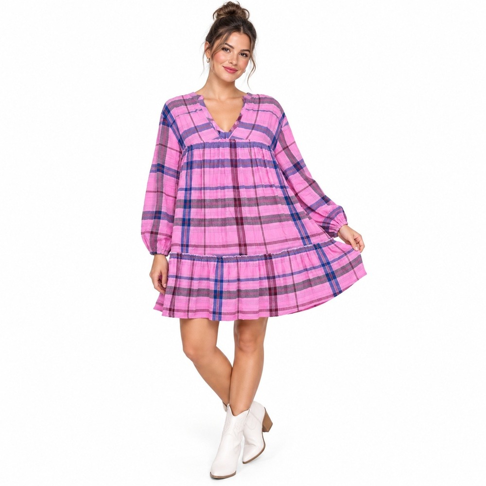 Apiece Apart Tunic Dress Women 6 Pink Plaid Tiered Boho Rayon Fringe V-Neck